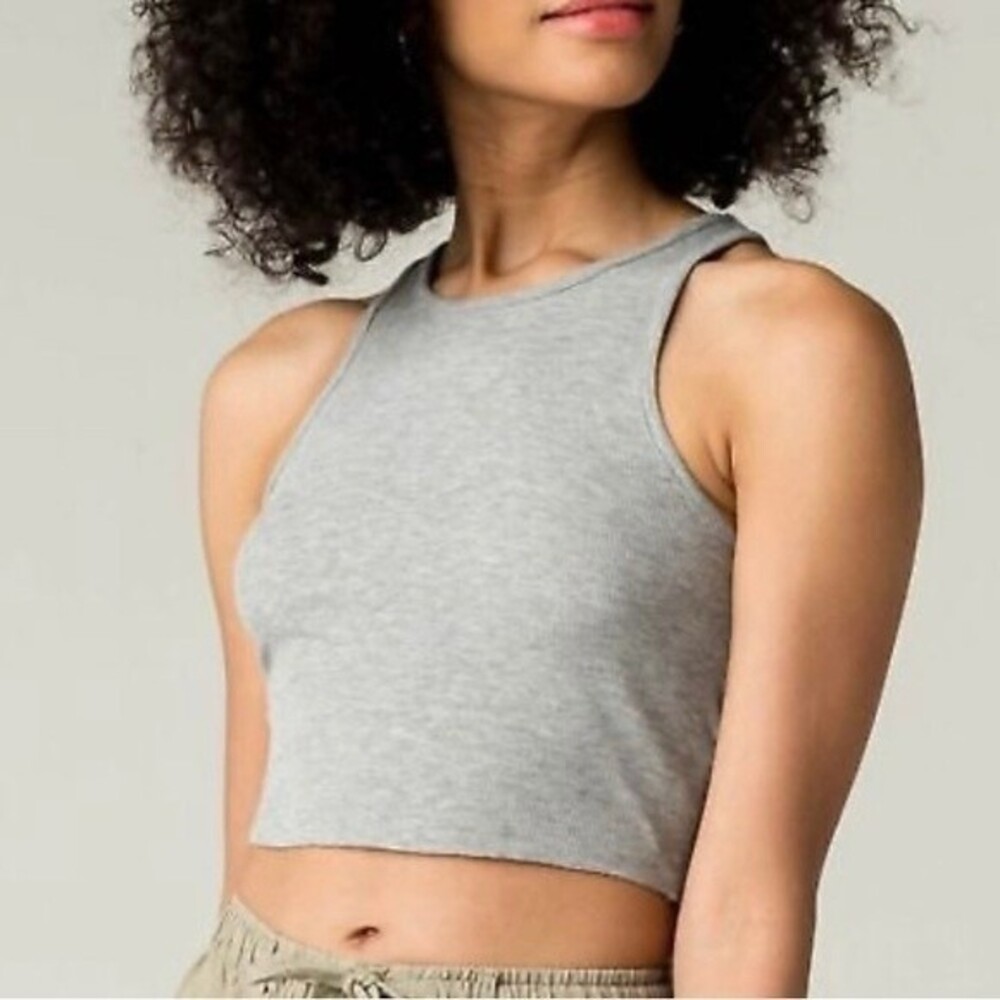 NEW Free People High Neck Ribbed Racerback Cropped Tank Top Heather Gray Size L